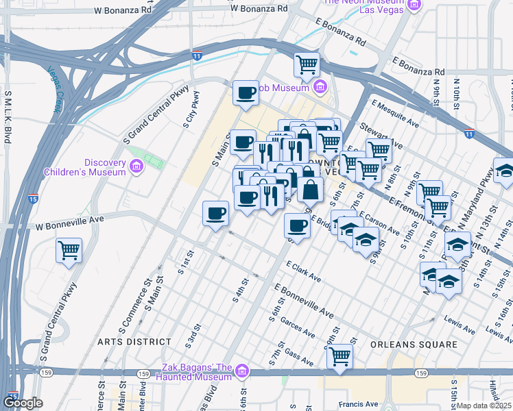 map of restaurants, bars, coffee shops, grocery stores, and more near 320 South 3rd Street in Las Vegas
