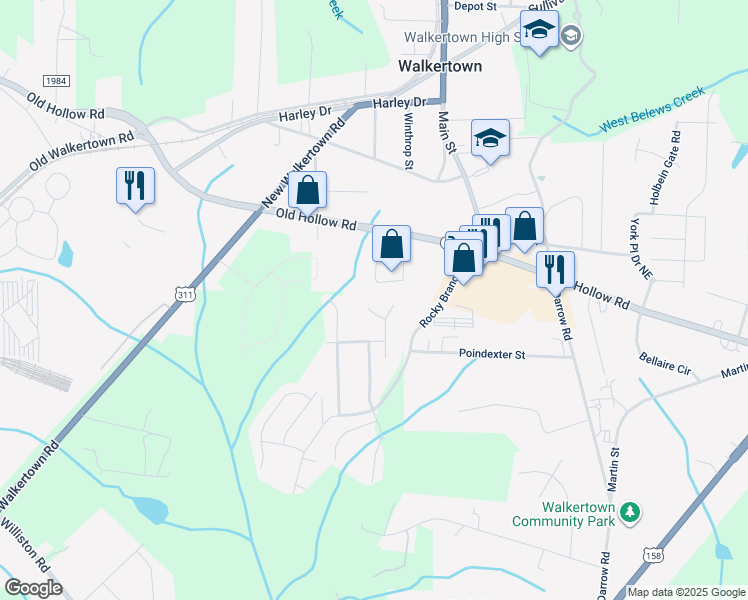 map of restaurants, bars, coffee shops, grocery stores, and more near 3823 Ranier Court in Walkertown