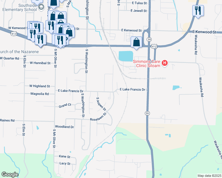 map of restaurants, bars, coffee shops, grocery stores, and more near 2106 Azlin Place in Siloam Springs