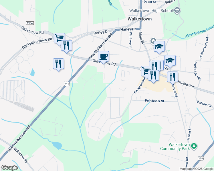 map of restaurants, bars, coffee shops, grocery stores, and more near 4780 Beacon Park Lane in Walkertown