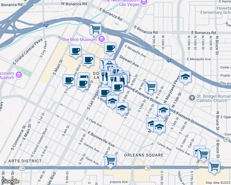 map of restaurants, bars, coffee shops, grocery stores, and more near 102 South 6th Street in Las Vegas