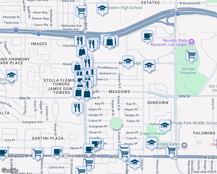 map of restaurants, bars, coffee shops, grocery stores, and more near 4605 Mayflower Lane in Las Vegas