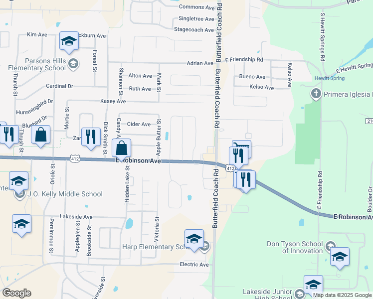 map of restaurants, bars, coffee shops, grocery stores, and more near 3190 East Robinson Avenue in Springdale