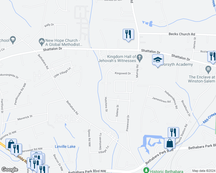 map of restaurants, bars, coffee shops, grocery stores, and more near 5081 Hutchins Street in Winston-Salem