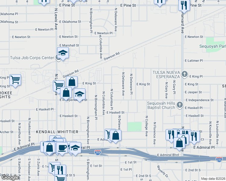 map of restaurants, bars, coffee shops, grocery stores, and more near 924 North Columbia Place in Tulsa