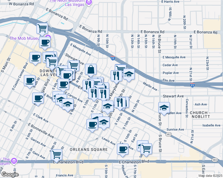 map of restaurants, bars, coffee shops, grocery stores, and more near 1116 East Ogden Avenue in Las Vegas