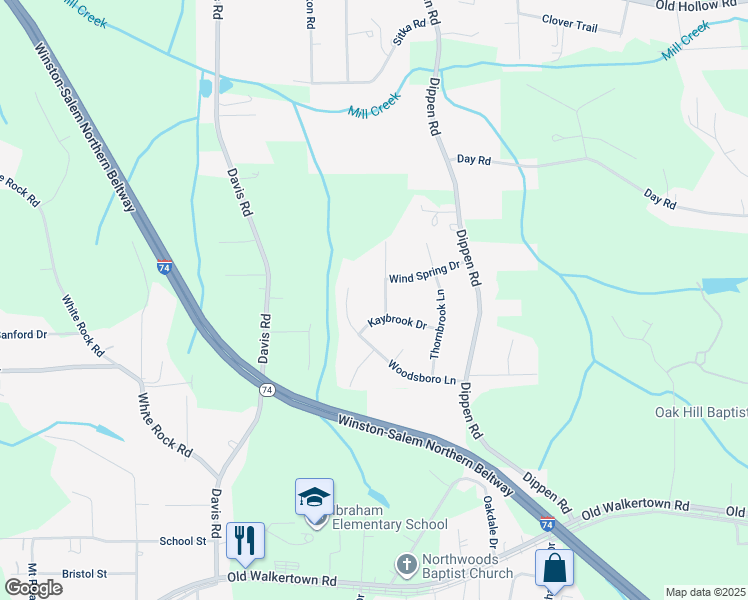 map of restaurants, bars, coffee shops, grocery stores, and more near 4953 Woodsboro Lane in Winston-Salem