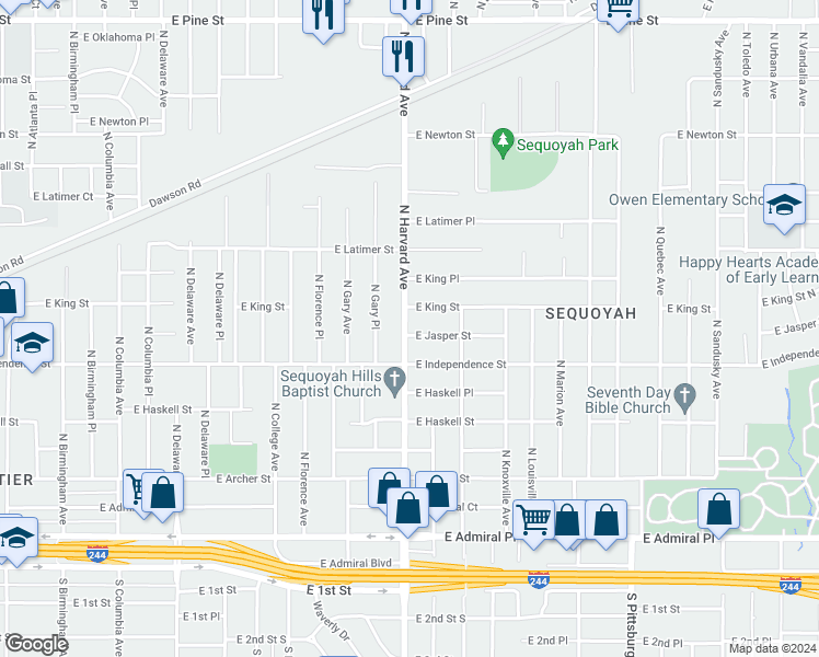 map of restaurants, bars, coffee shops, grocery stores, and more near 3301 East Jasper Street in Tulsa