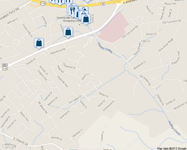 map of restaurants, bars, coffee shops, grocery stores, and more near 1522 Kevin Lane in Greeneville