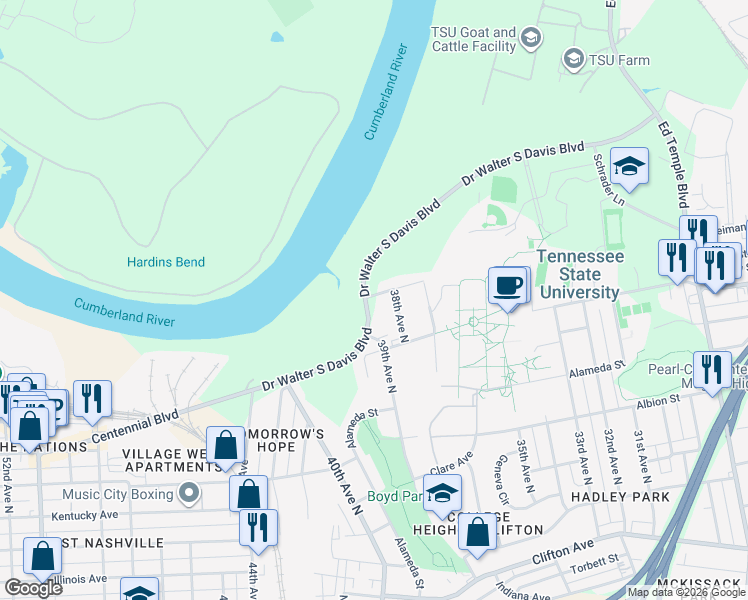 map of restaurants, bars, coffee shops, grocery stores, and more near 3820 Tigerbelle Drive in Nashville