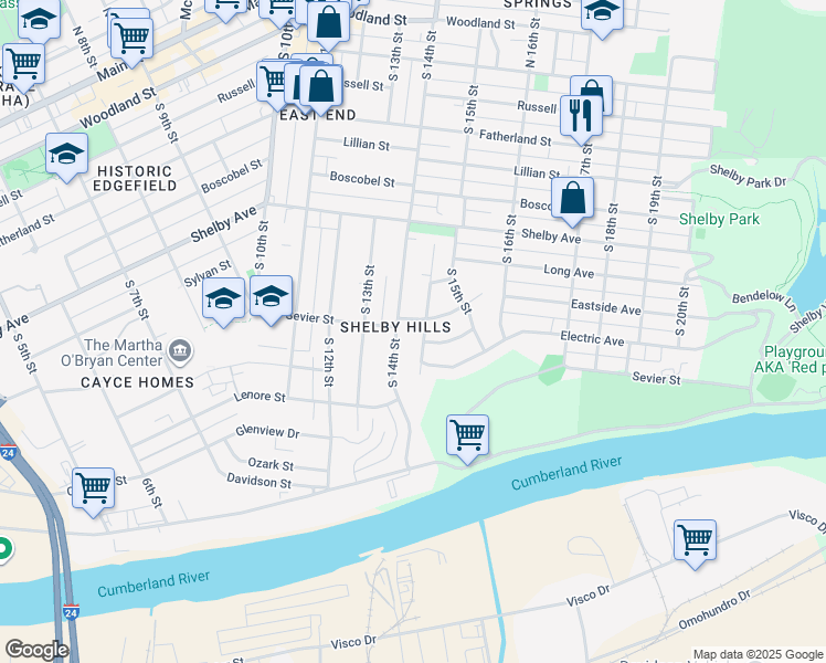 map of restaurants, bars, coffee shops, grocery stores, and more near 1405 Sevier Court in Nashville