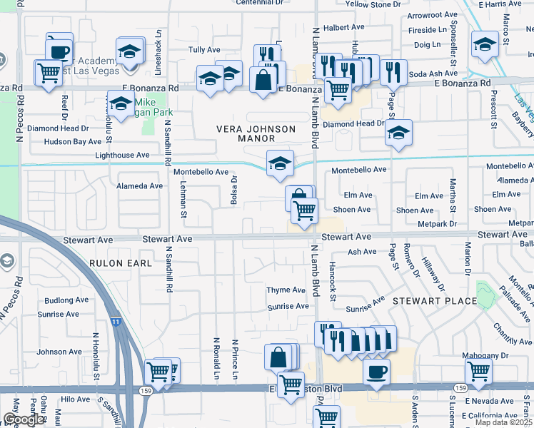 map of restaurants, bars, coffee shops, grocery stores, and more near 445 North Lamb Boulevard in Las Vegas