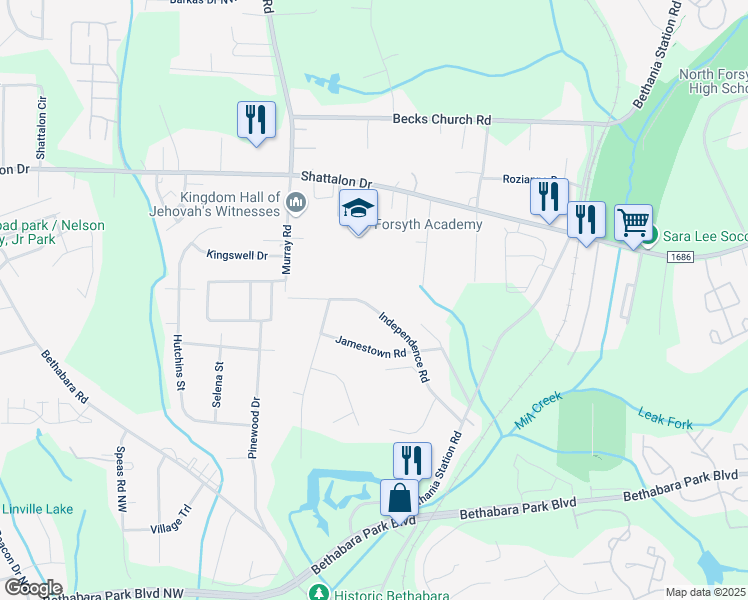 map of restaurants, bars, coffee shops, grocery stores, and more near 2145 Independence Road in Winston-Salem
