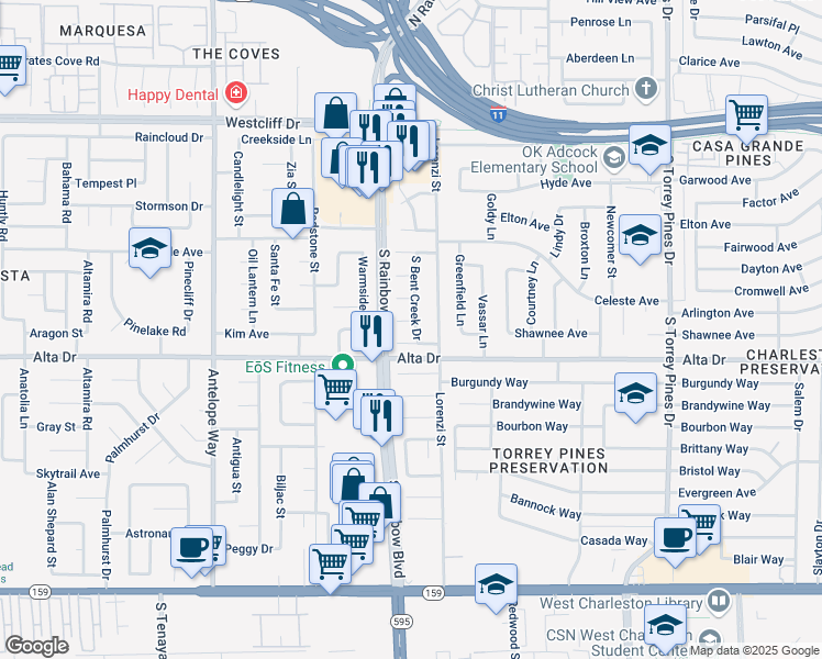 map of restaurants, bars, coffee shops, grocery stores, and more near 6721 Papyrus Circle in Las Vegas