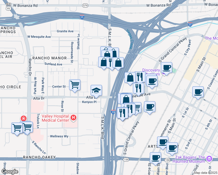 map of restaurants, bars, coffee shops, grocery stores, and more near 444 South Martin Luther King Boulevard in Las Vegas