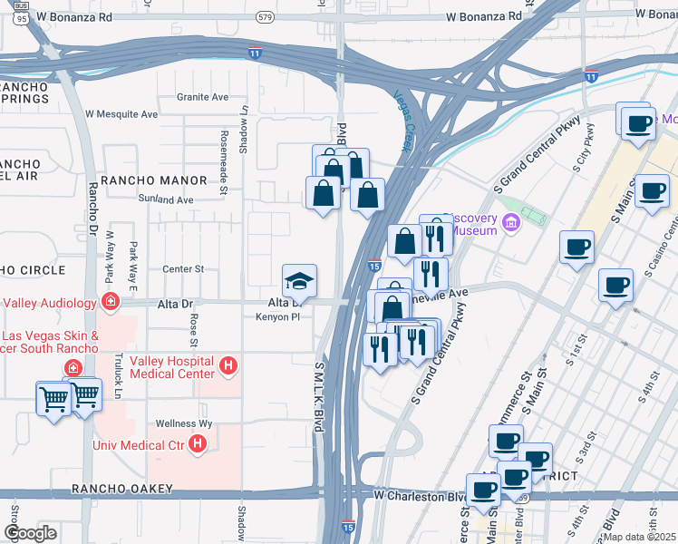 map of restaurants, bars, coffee shops, grocery stores, and more near 390-418 S Martin Luther King Blvd in Las Vegas
