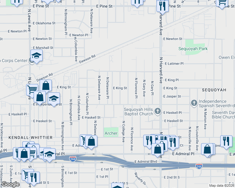 map of restaurants, bars, coffee shops, grocery stores, and more near 848 North College Avenue in Tulsa