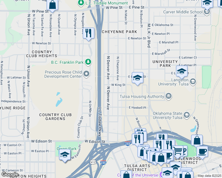 map of restaurants, bars, coffee shops, grocery stores, and more near 285 West King Street in Tulsa
