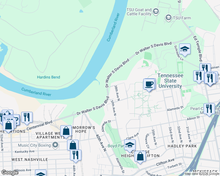 map of restaurants, bars, coffee shops, grocery stores, and more near 3820 Tigerbelle Drive in Nashville