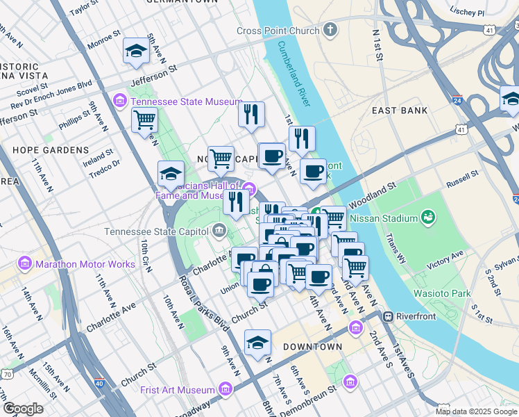 map of restaurants, bars, coffee shops, grocery stores, and more near 417 4th Avenue North in Nashville