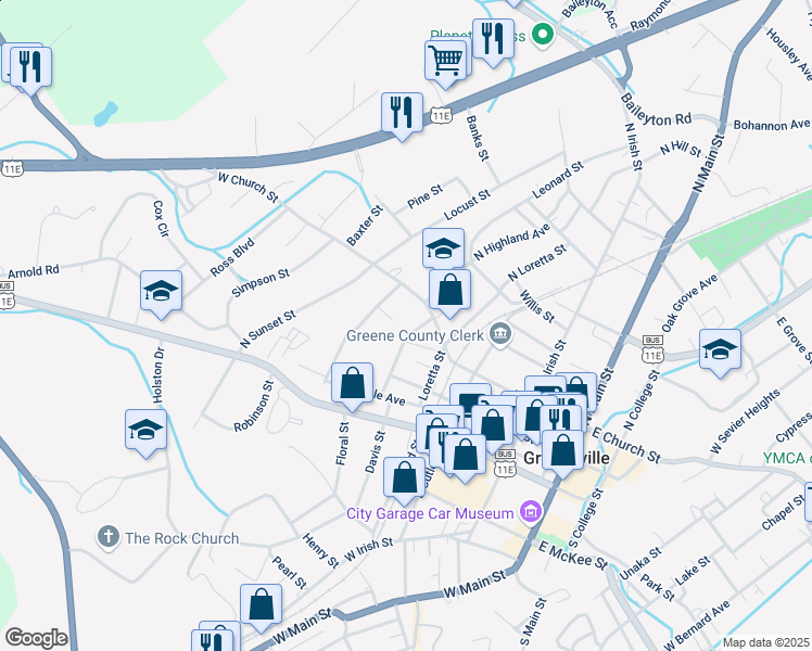 map of restaurants, bars, coffee shops, grocery stores, and more near 507 West Church Street in Greeneville