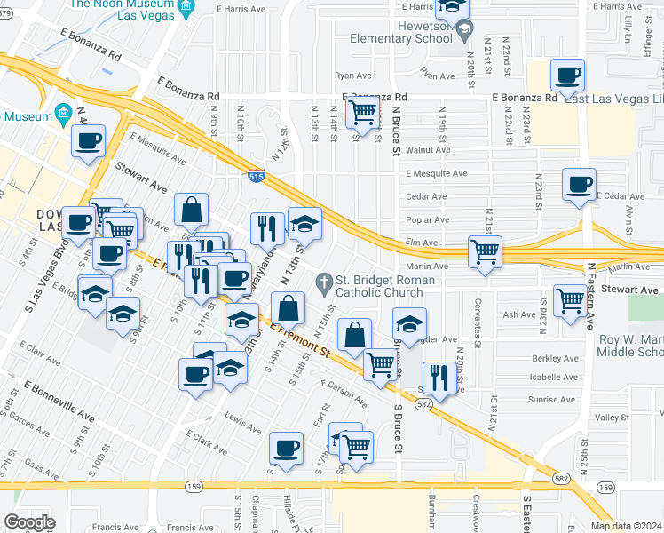map of restaurants, bars, coffee shops, grocery stores, and more near 308 North 14th Street in Las Vegas