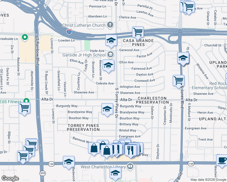 map of restaurants, bars, coffee shops, grocery stores, and more near 6404 Shawnee Place in Las Vegas