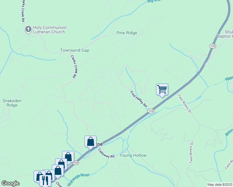 map of restaurants, bars, coffee shops, grocery stores, and more near 460 Peaceful Haven Drive in Boone