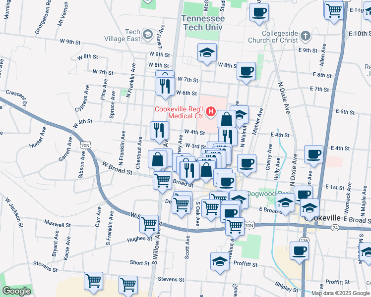 map of restaurants, bars, coffee shops, grocery stores, and more near 228 West 4th Street in Cookeville