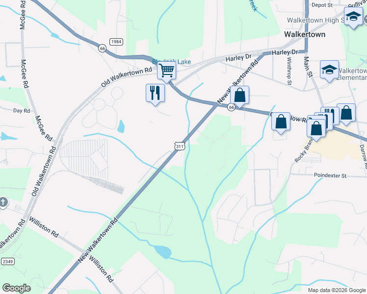 map of restaurants, bars, coffee shops, grocery stores, and more near 4711 New Walkertown Road in Walkertown