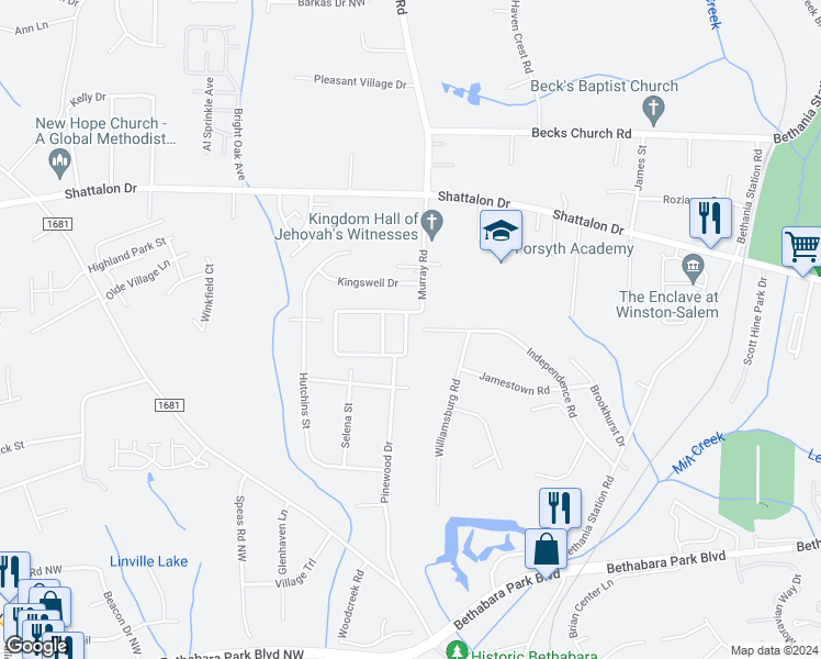 map of restaurants, bars, coffee shops, grocery stores, and more near 5039 Liberty Hall Circle in Winston-Salem