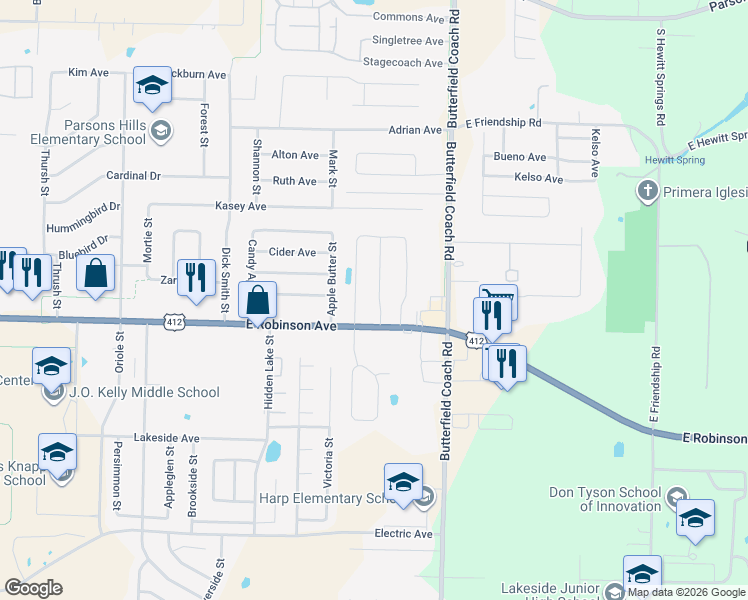 map of restaurants, bars, coffee shops, grocery stores, and more near 3018 East Robinson Avenue in Springdale