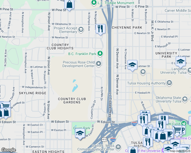 map of restaurants, bars, coffee shops, grocery stores, and more near 962 Country Club Drive in Tulsa