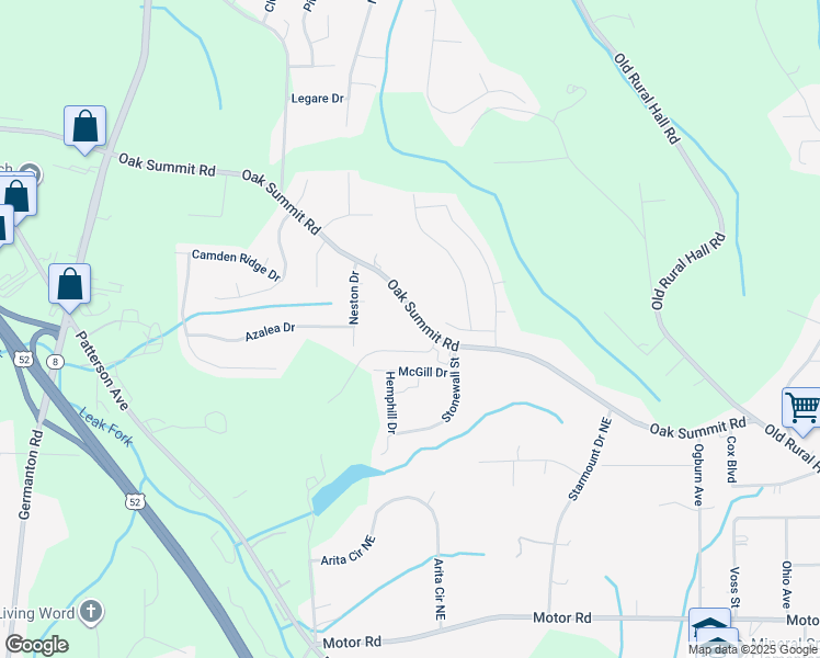 map of restaurants, bars, coffee shops, grocery stores, and more near 520 Oak Summit Road in Winston-Salem
