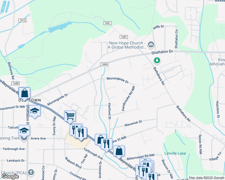 map of restaurants, bars, coffee shops, grocery stores, and more near 4119 Kingsland Circle in Winston-Salem
