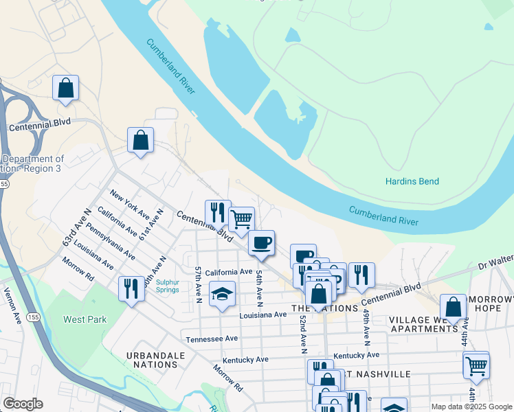 map of restaurants, bars, coffee shops, grocery stores, and more near 1638 54th Avenue North in Nashville