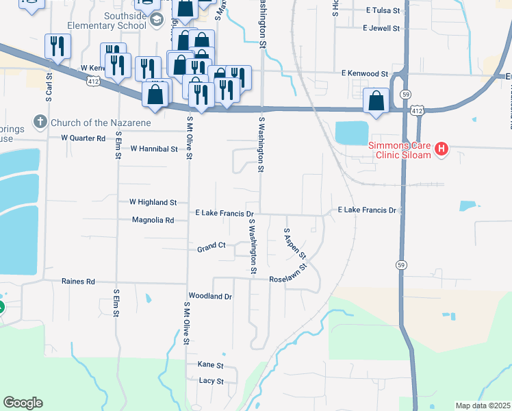 map of restaurants, bars, coffee shops, grocery stores, and more near 2070 South Washington Street in Siloam Springs