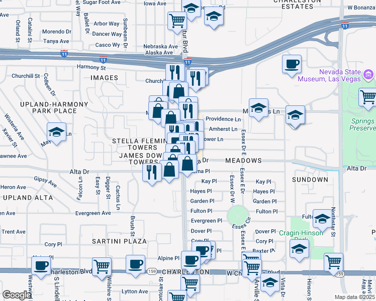 map of restaurants, bars, coffee shops, grocery stores, and more near 423 South Decatur Boulevard in Las Vegas