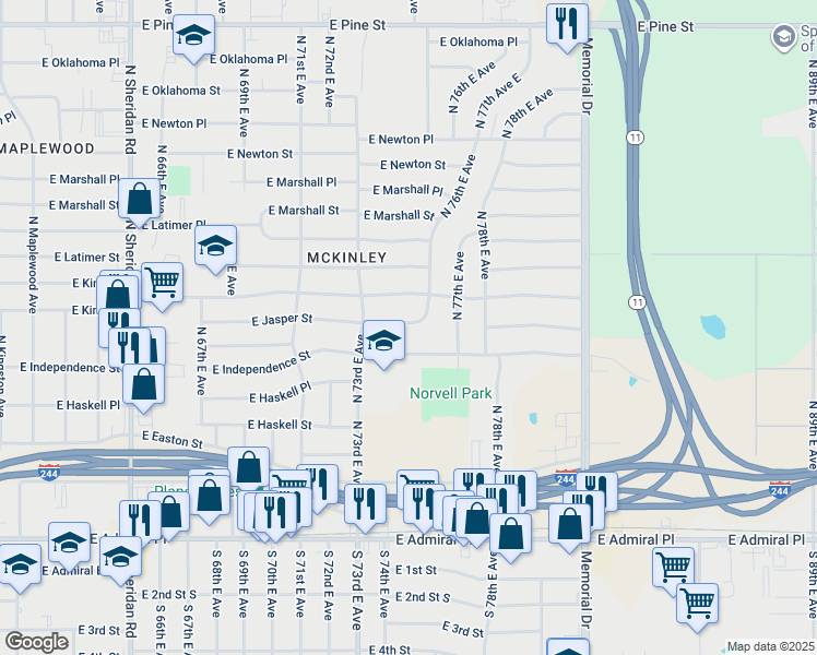 map of restaurants, bars, coffee shops, grocery stores, and more near 7340 East Jasper Street in Tulsa