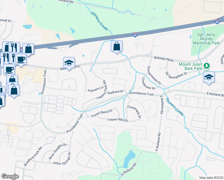 map of restaurants, bars, coffee shops, grocery stores, and more near 1107 Stafford Drive in Mount Juliet