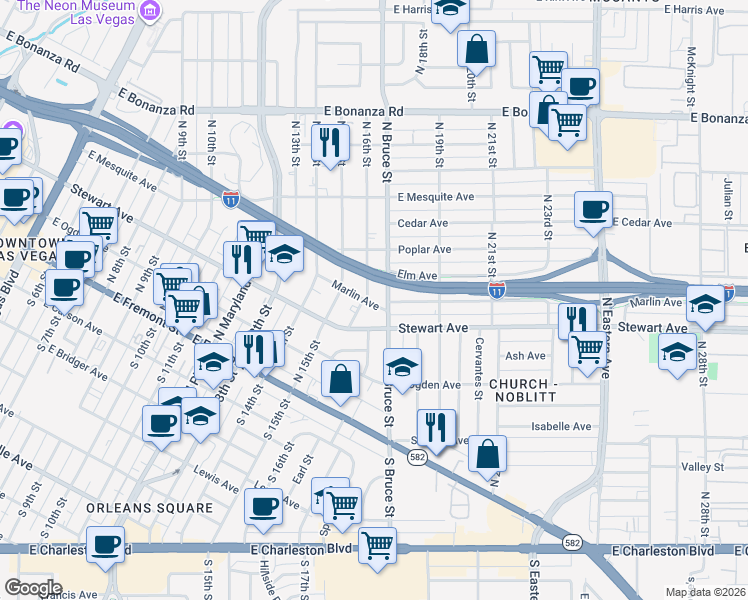 map of restaurants, bars, coffee shops, grocery stores, and more near 1601 Marlin Avenue in Las Vegas