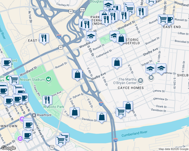 map of restaurants, bars, coffee shops, grocery stores, and more near 405 South 4th Street in Nashville