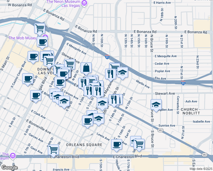 map of restaurants, bars, coffee shops, grocery stores, and more near 217 North 11th Street in Las Vegas