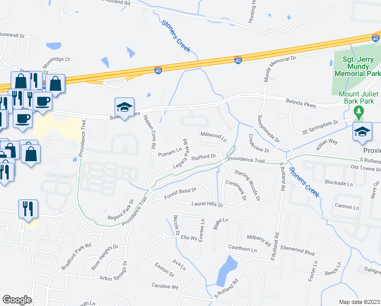 map of restaurants, bars, coffee shops, grocery stores, and more near 942 Legacy Park Road in Mount Juliet