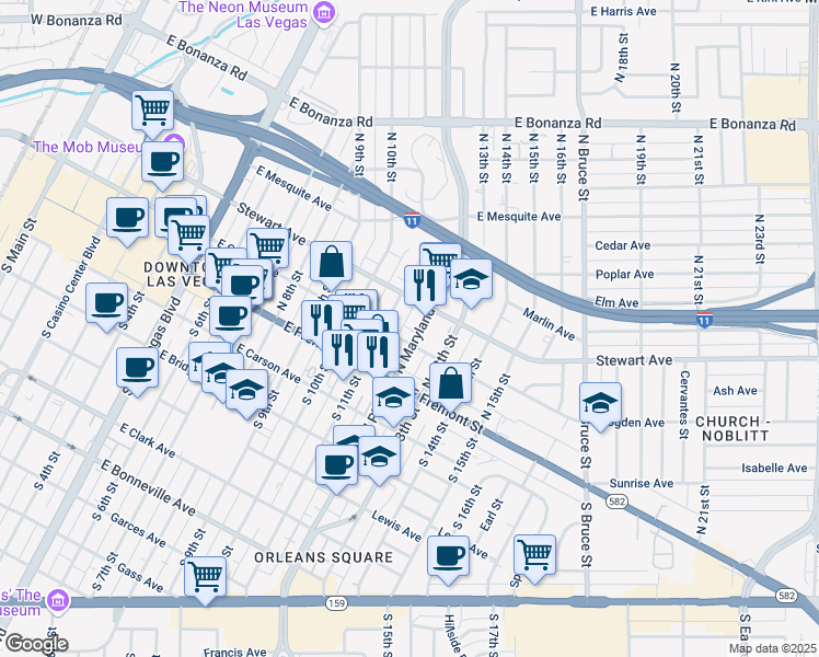 map of restaurants, bars, coffee shops, grocery stores, and more near 217 North 11th Street in Las Vegas