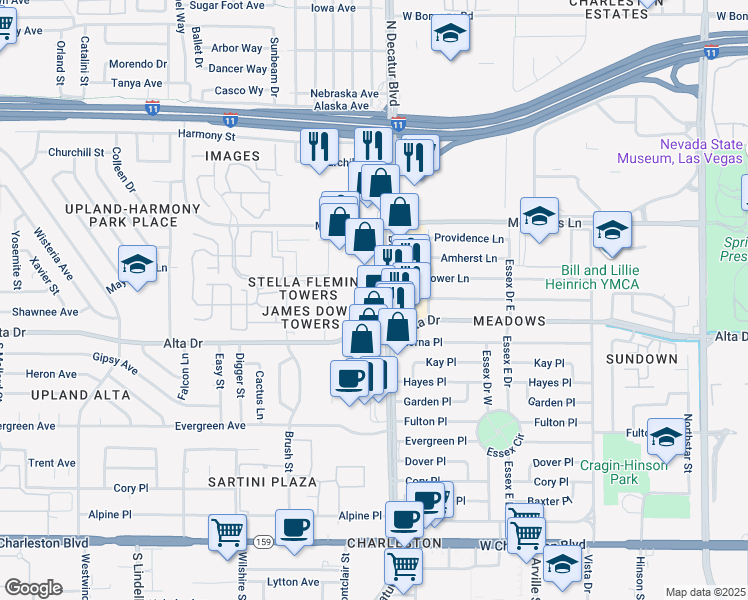map of restaurants, bars, coffee shops, grocery stores, and more near 423 South Decatur Boulevard in Las Vegas