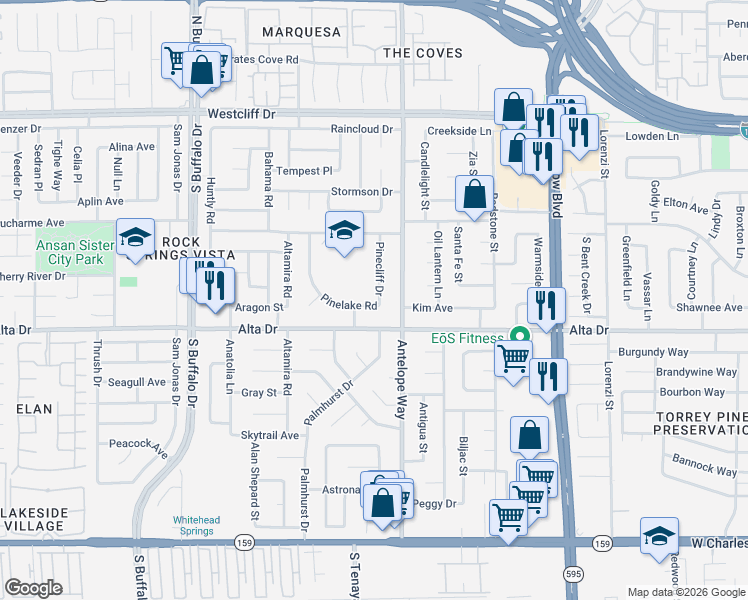 map of restaurants, bars, coffee shops, grocery stores, and more near 412 Pinecliff Drive in Las Vegas