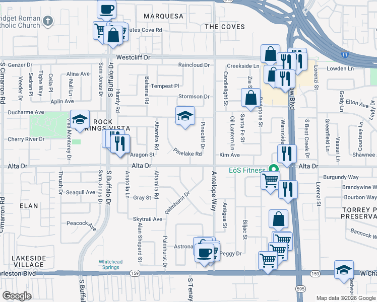 map of restaurants, bars, coffee shops, grocery stores, and more near 412 Pinecliff Drive in Las Vegas