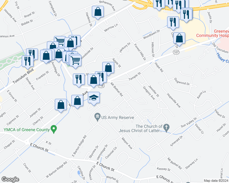 map of restaurants, bars, coffee shops, grocery stores, and more near 100 Indian Hills Drive in Greeneville