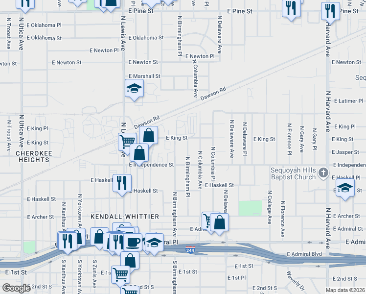 map of restaurants, bars, coffee shops, grocery stores, and more near 921 North Birmingham Avenue in Tulsa